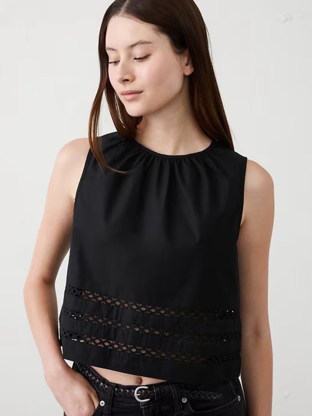 NWT Banana Republic Sleeveless Black Embroidered Crochet-Trim Cotton Tank Top